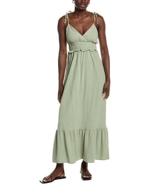 Marion Green Beaded Linen-Blend Strap Ruffled Dress
