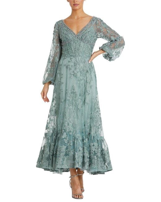 Mac Duggal Blue V-Neck Mech Puff Sleeve A-Line Embellished Dress