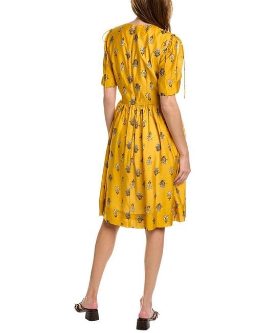 Oscar de la Renta Yellow Tie Shoulder Silk-blend Midi Dress