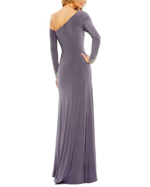 Mac Duggal Purple Side Twist Drop Shoulder Beaded Cuff Gown