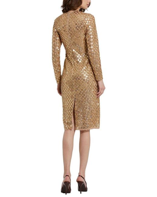 Mac Duggal Natural Beaded Sequin Mesh Long Sleeve Fitted Midi Dress