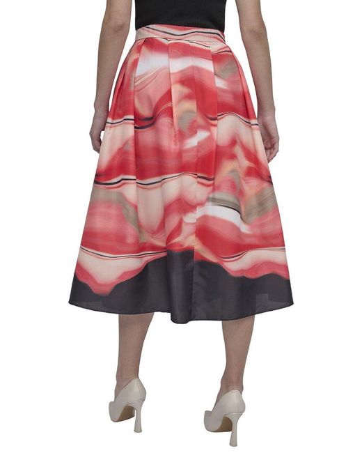 DKNY Red Front Zip Border Print Skirt