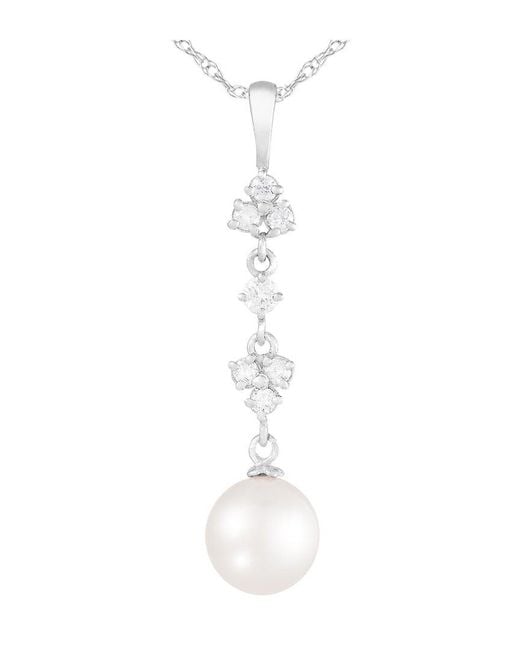 Splendid White 14K 0.18 Ct. Tw. Diamond & 7-7.5Mm Pearl Dangle Pendant Necklace