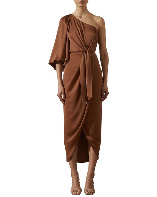 Shona Joy Luxe Tie Front One-Shoulder Midi Dress in Brown | Lyst UK