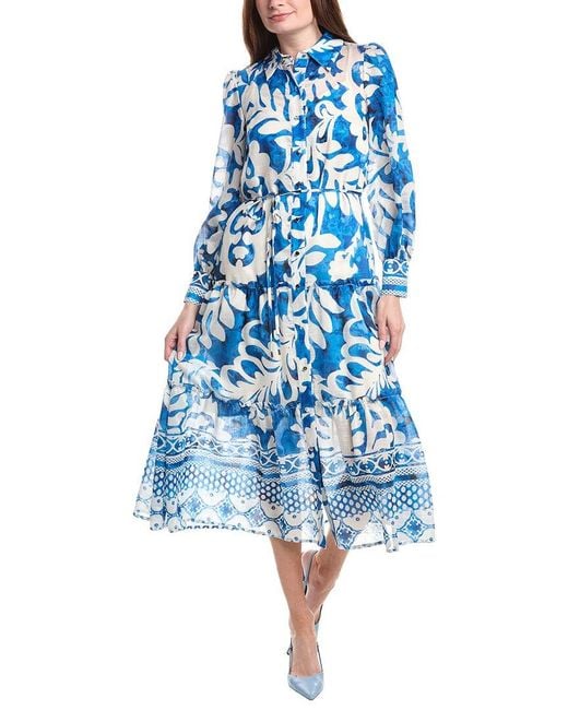 Julia Jordan Blue Puff Sleeve Linen-Blend Shirtdress