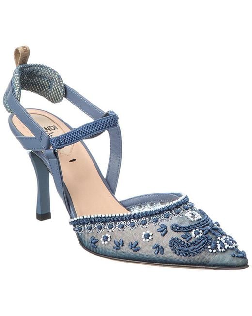 Fendi Blue Colibri Lite Embroidered Mesh & Leather Slingback Pump