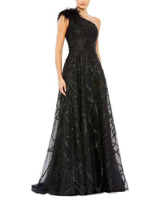 Mac Duggal Black Embellished One-Shoulder A-Line Gown With Feather Accent
