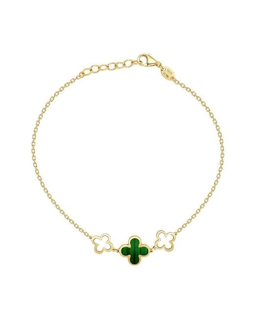 Italian Gold Metallic 14K Malachite Station Chain Clover Bracelet