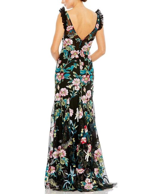 Mac Duggal Green Embroidered Floral Plunge Neck Trumpet Gown