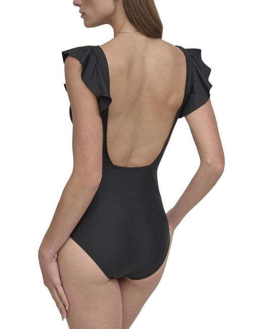 DKNY Black Ruffle Sleeve Swimsuit