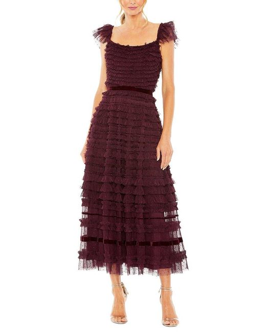 Mac Duggal Ruffle Cap Sleeve Tiered Midi Dress