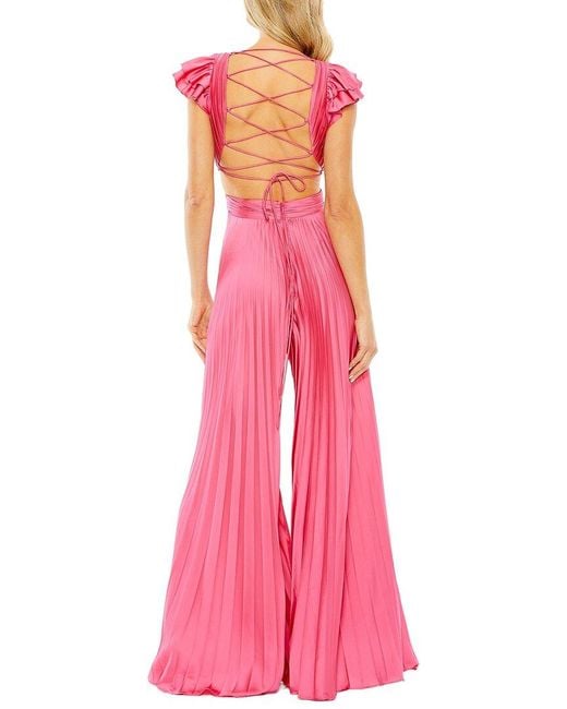 Mac Duggal Pink Ruffle Cap Sleeve Cutout Heat Pleated Jumpsuit