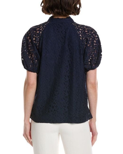 Cece Blue Ruffle Neck Raglan Seam Split Neck Blouse
