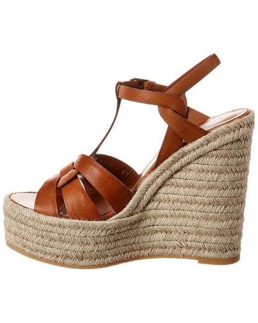 Saint Laurent Brown Tribute Leather Espadrille Wedge Sandals