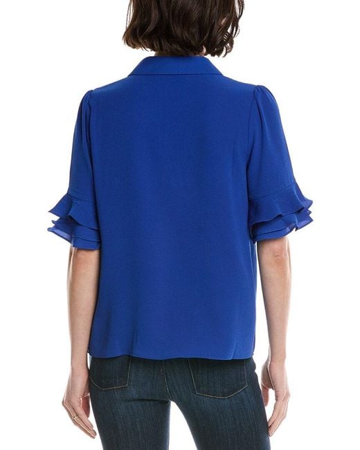 Cece Blue 3/4-Sleeve Button Front Collared Top