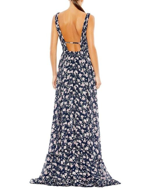 Mac Duggal Blue Floral Print Sleeveless Ruffled High Low Gown