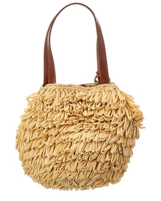 Aquazzura Metallic Pompom Mini Raffia & Leather Tote