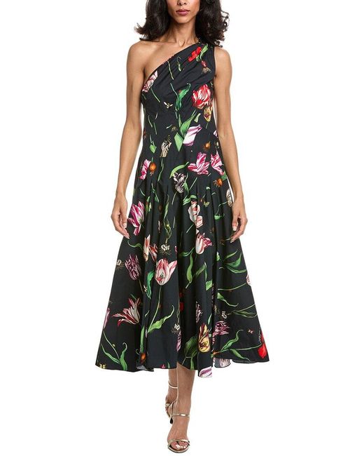 Oscar de la Renta Green Tulip One Shoulder Dress