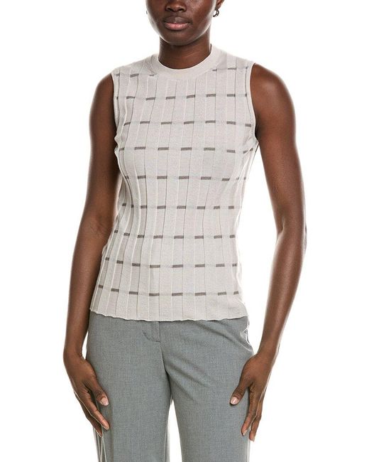 Lafayette 148 New York White Plaited Ribbed Stripe Cashmere Shell