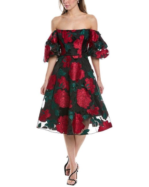 Marchesa Red Off-the-shoulder Cocktail Dress