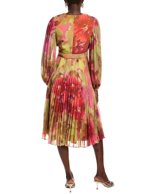 Badgley Mischka Red Pleated Floral Wrap Cocktail Dress