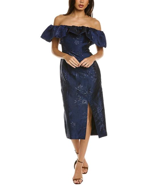 ML Monique Lhuillier Blue Off-the-shoulder Midi Dress