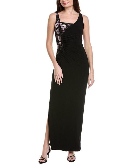 Adrianna Papell Black Asymmetrical Floral Beaded Jersey Gown