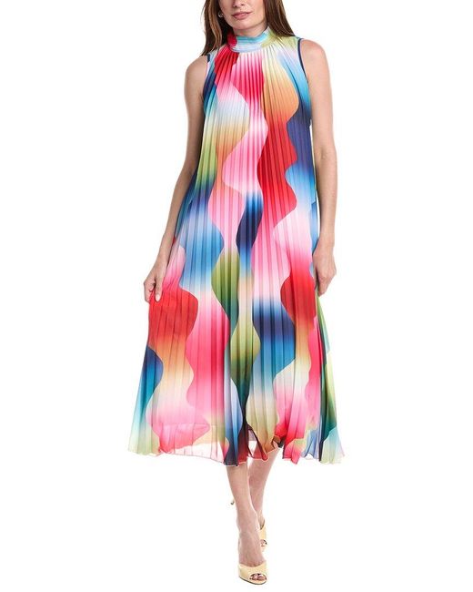 Tahari Red Mock Neck Pleated Maxi Dress