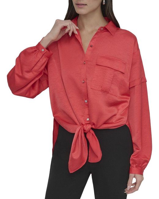 DKNY Red Nail Crease Tie-Front Top
