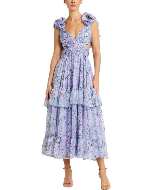 Mac Duggal Blue Ruffle Tiered Cut-Out Floral Chiffon Dress