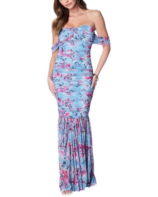 Bebe Blue Off-Shoulder Mesh Gown
