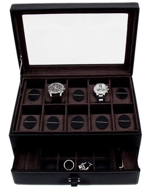Bey-berk Black Leather 10-watch Case With Glass