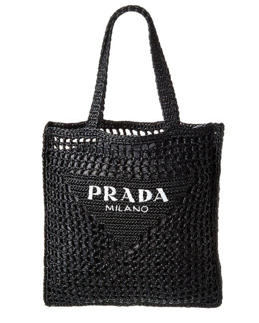 Prada Black Logo Raffia Tote