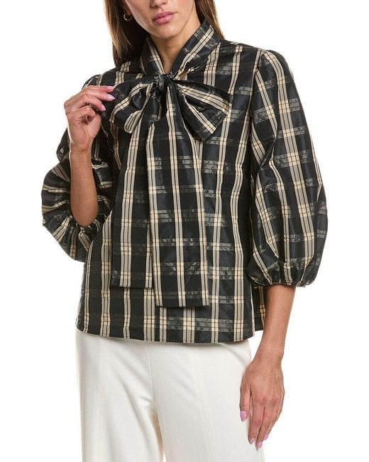 RED Valentino Black Plaid Puff Sleeve Top