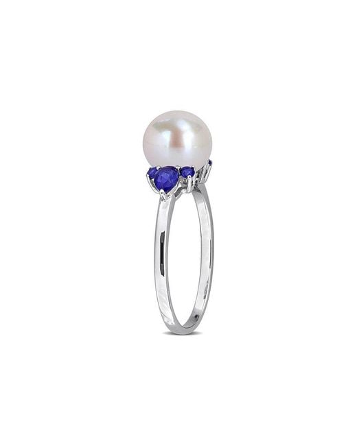 Rina Limor Blue 14K 0.56 Ct. Tw. Lab-Grown Sapphire & 8-8.5Mm Pearl Floral Ring