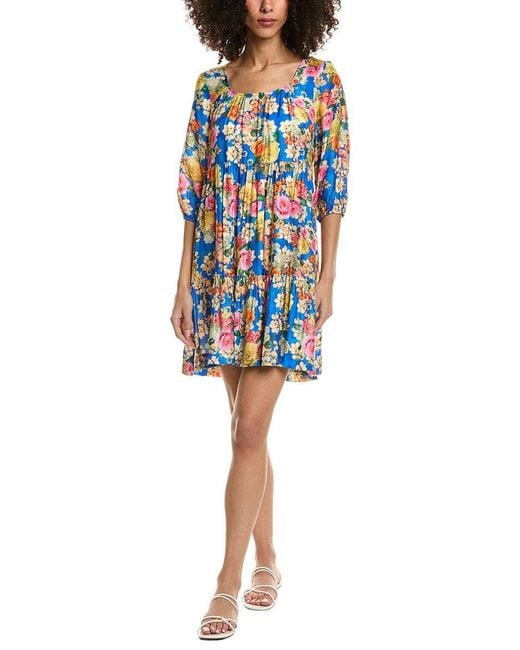 Johnny Was Blue Tiered Silk-Blend Mini Dress