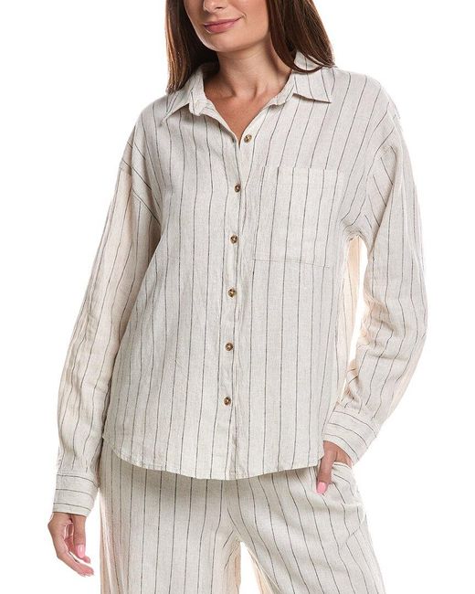 Z Supply Gray Alfie Striped Button-Up Linen-Blend Blouse