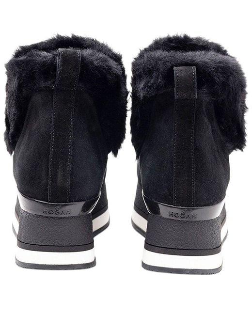 Hogan Black Faux Fur Trim Suede Bootie