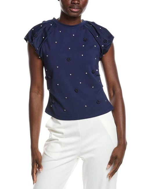 Gracia Blue Puff Sleeve Rhinestone & Pearl Embellished Top