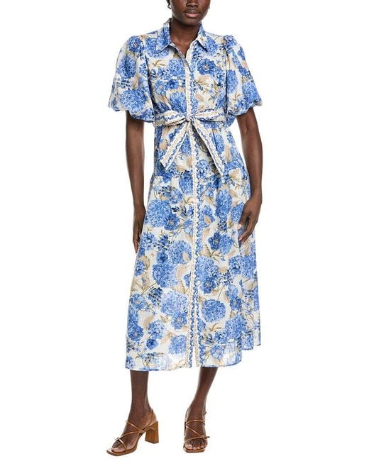 Maison Tara Blue Short Sleeve Midi Dress