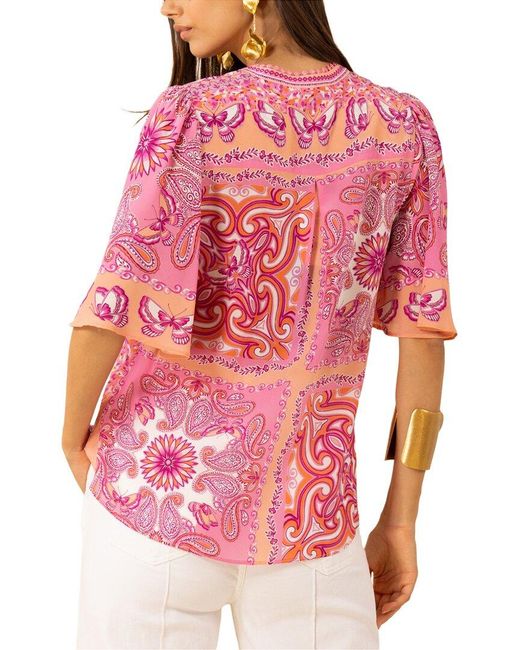 Hale Bob Red Novah Short Sleeve Jersey Silk Top