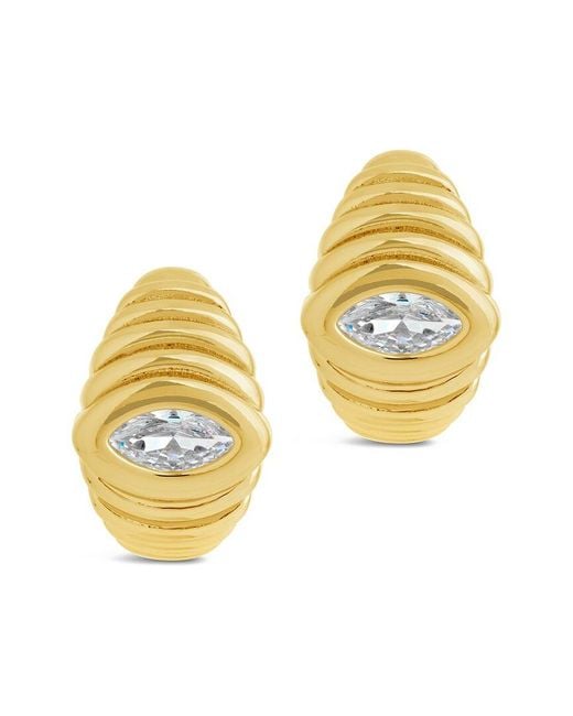 Sterling Forever Metallic 14k Plated Cz Studded Croissant Hoops