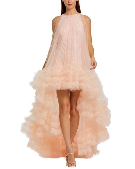 Mac Duggal Natural Tulle High Neck Sleeveless Ruffled Hem Hi-Lo Gown