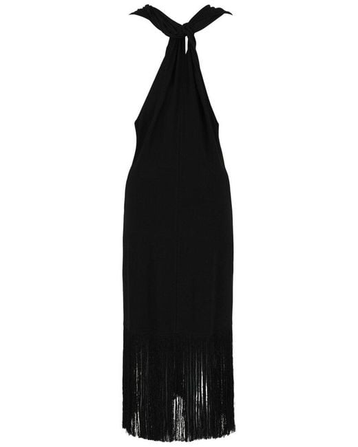 Ferragamo Black Plunging Sleeveless Fringe-Hem Midi Dress