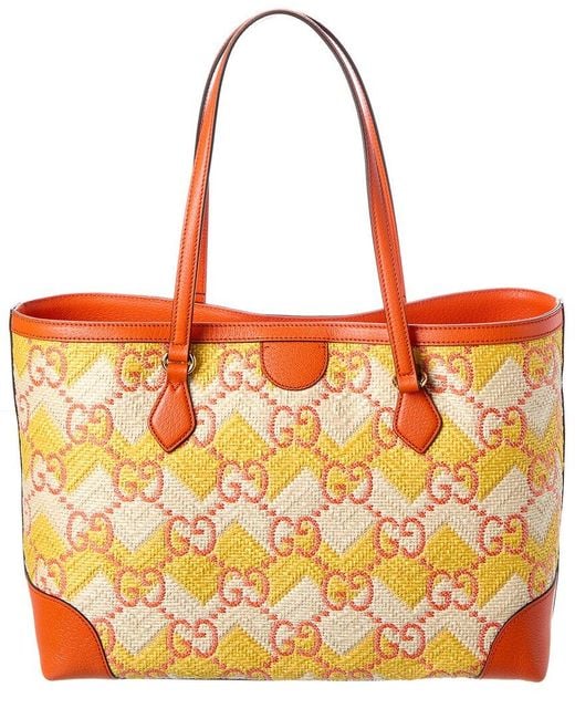 Gucci Orange Ophidia Straw & Leather Tote