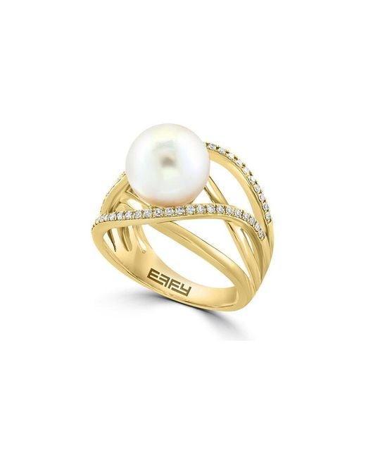 Effy Fine Jewelry Metallic 14K 0.24 Ct. Tw. Diamond & 10Mm Pearl Ring