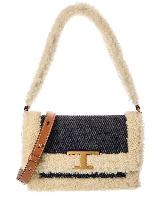 Tod's Blue Tods T Timeless Denim & Shearling Shoulder Bag