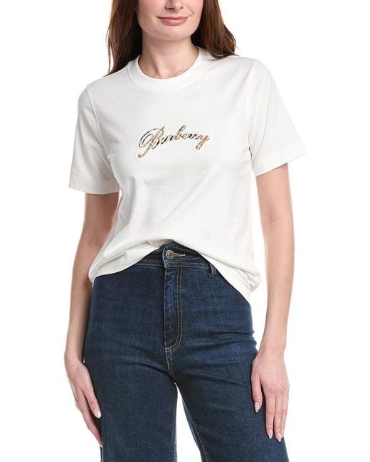 Burberry White Check Cursive Logo T-Shirt