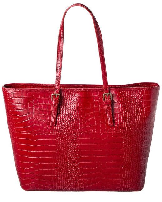 Persaman New York Red Penny Croc-Embossed Leather Tote