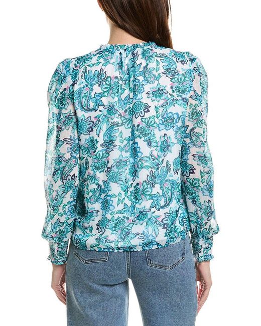 Cece Blue Smocked Cuff Ruffle Blouse